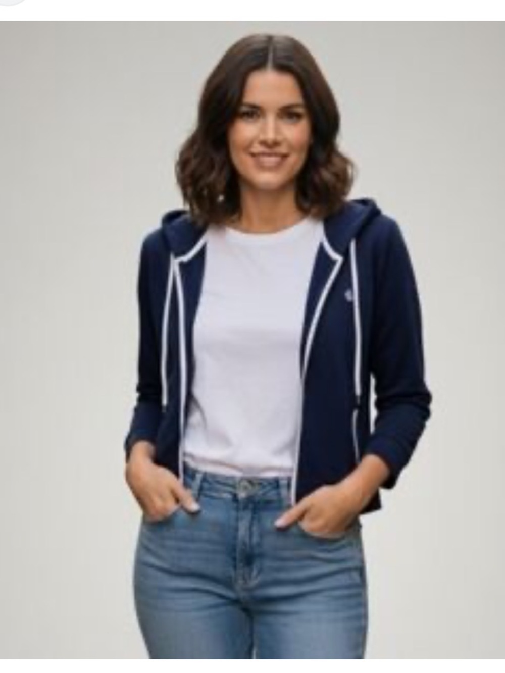 Ralph Lauren Navy Hooded Zip Sweatshirt with White Piping
